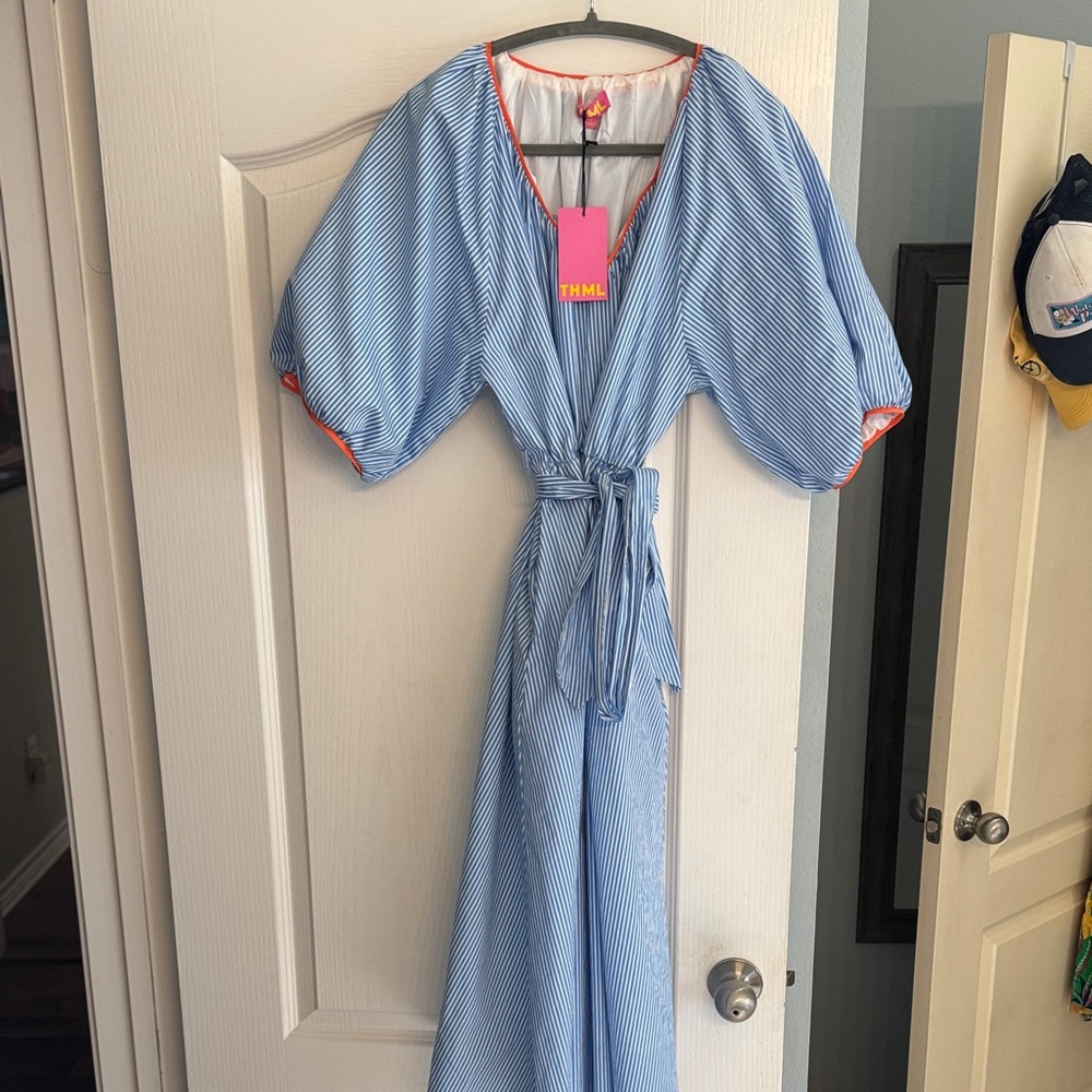 THML Blue and White Striped Top with Orange Trim